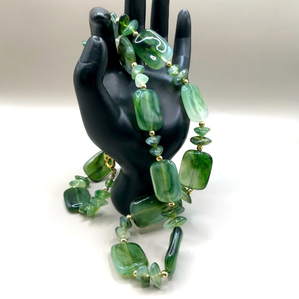 Marbled Green Acrylic & Silver-Tone Bead Necklace - Picture 1 of 5